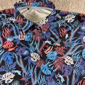 Scales Mens 2XL Tropical Reef Performance Polo Shirt Black Blue Coral Print